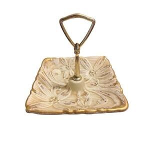 Haeger 22K Gold Tweed 8011 White & Gold Floral Trinket Candy Jewelry holder dish
